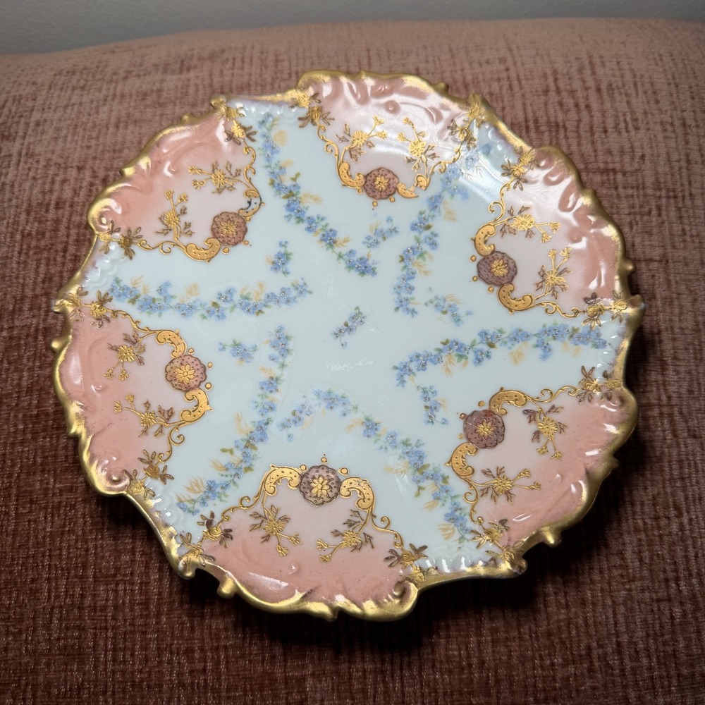 Antique AK Co Limoges France‎ Pink Forget-Me-Not Gold Cabinet Plate 1890-1910